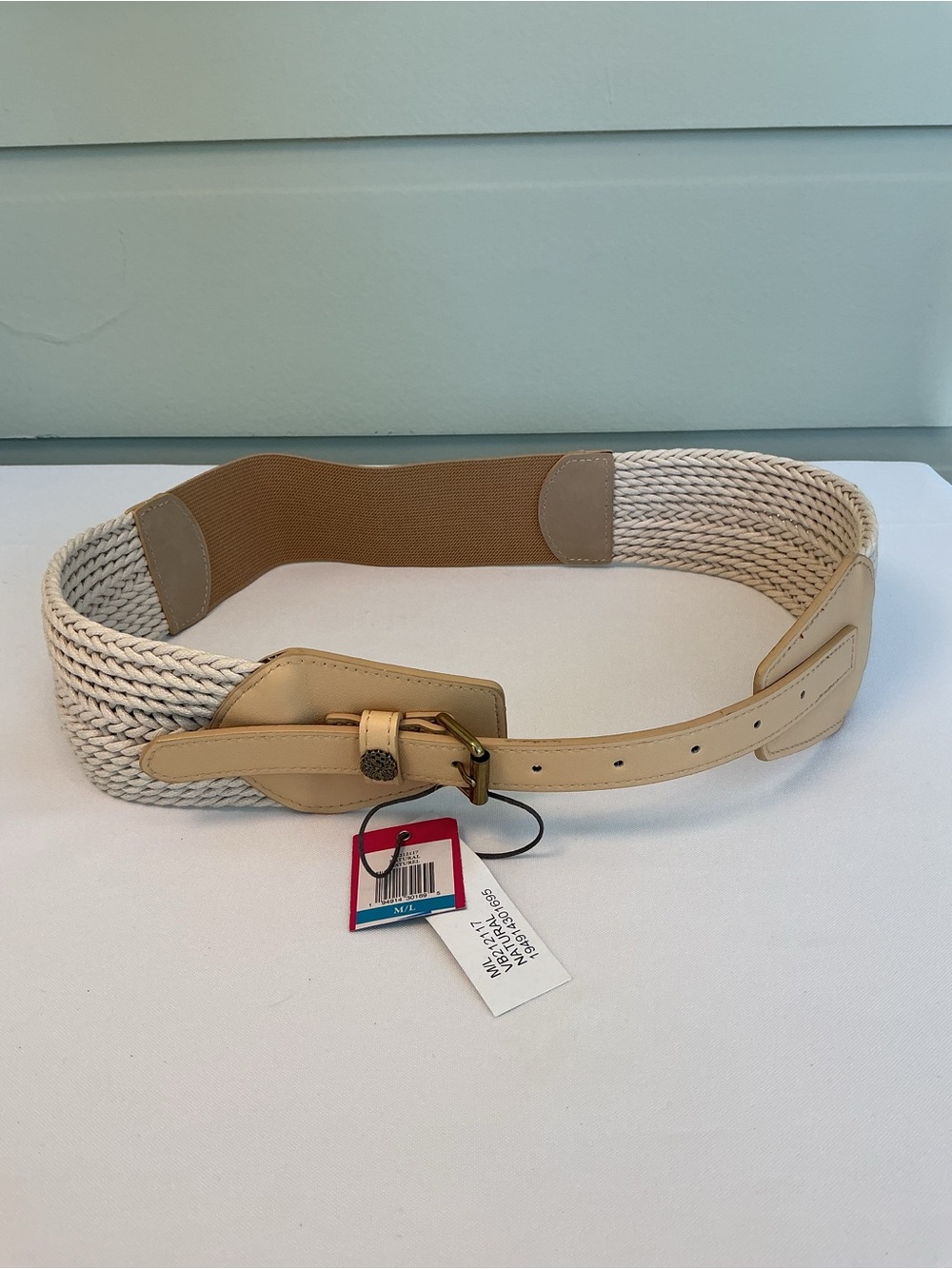 Vince Camuto Cream Woven Elastic Waist Belt with Tan PU Accents